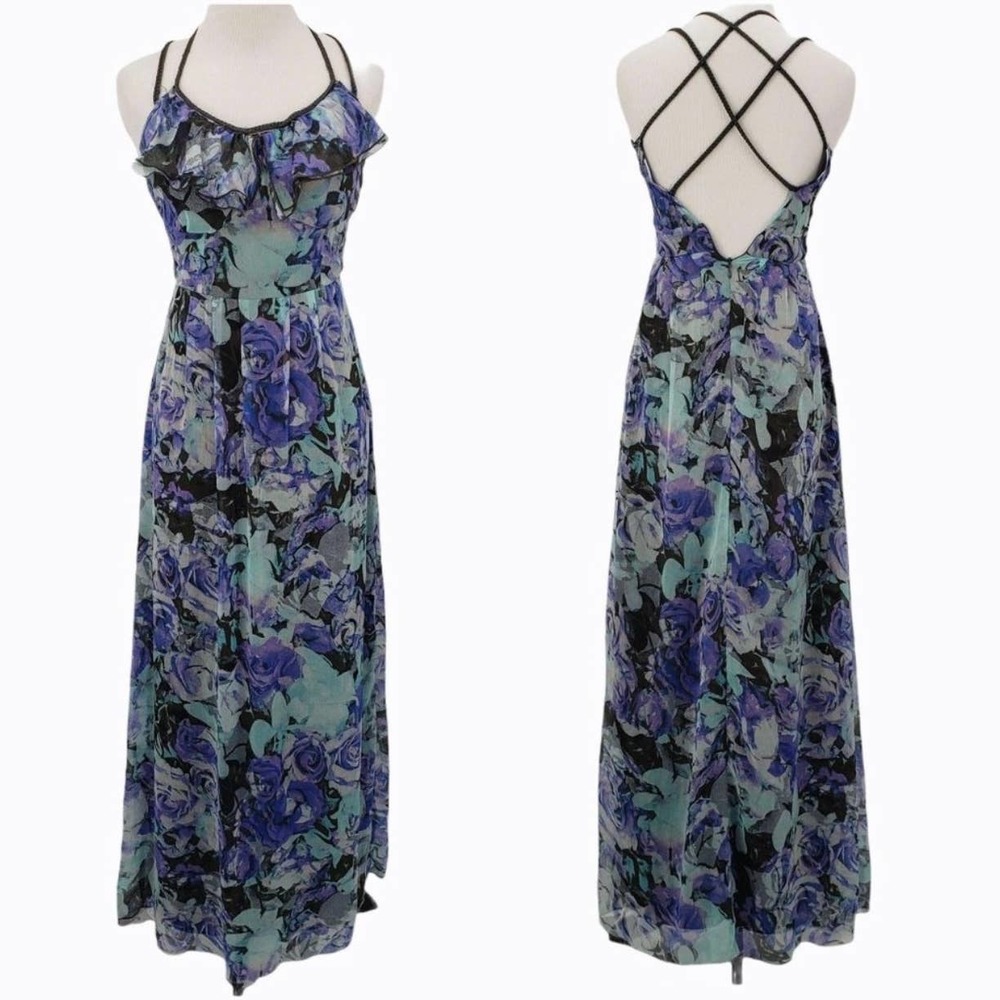 Jessica Simpson Marta Blue Purple Floral Print Braided Strappy Maxi Dress